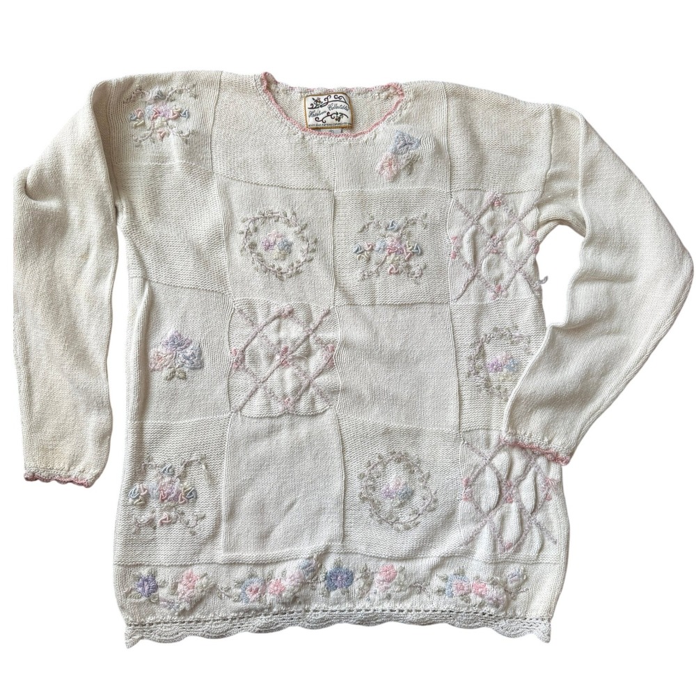 Vintage Heirloom Collectibles Floral Patchwork Knit Sweater S Cottage Grannycore